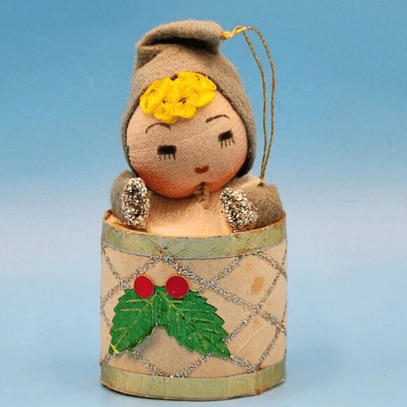 1950s Pixie Elf in Drum Oament Spun Pixie Cotton Foil Holly Felt Hat Putz Style - Picture 2 of 10